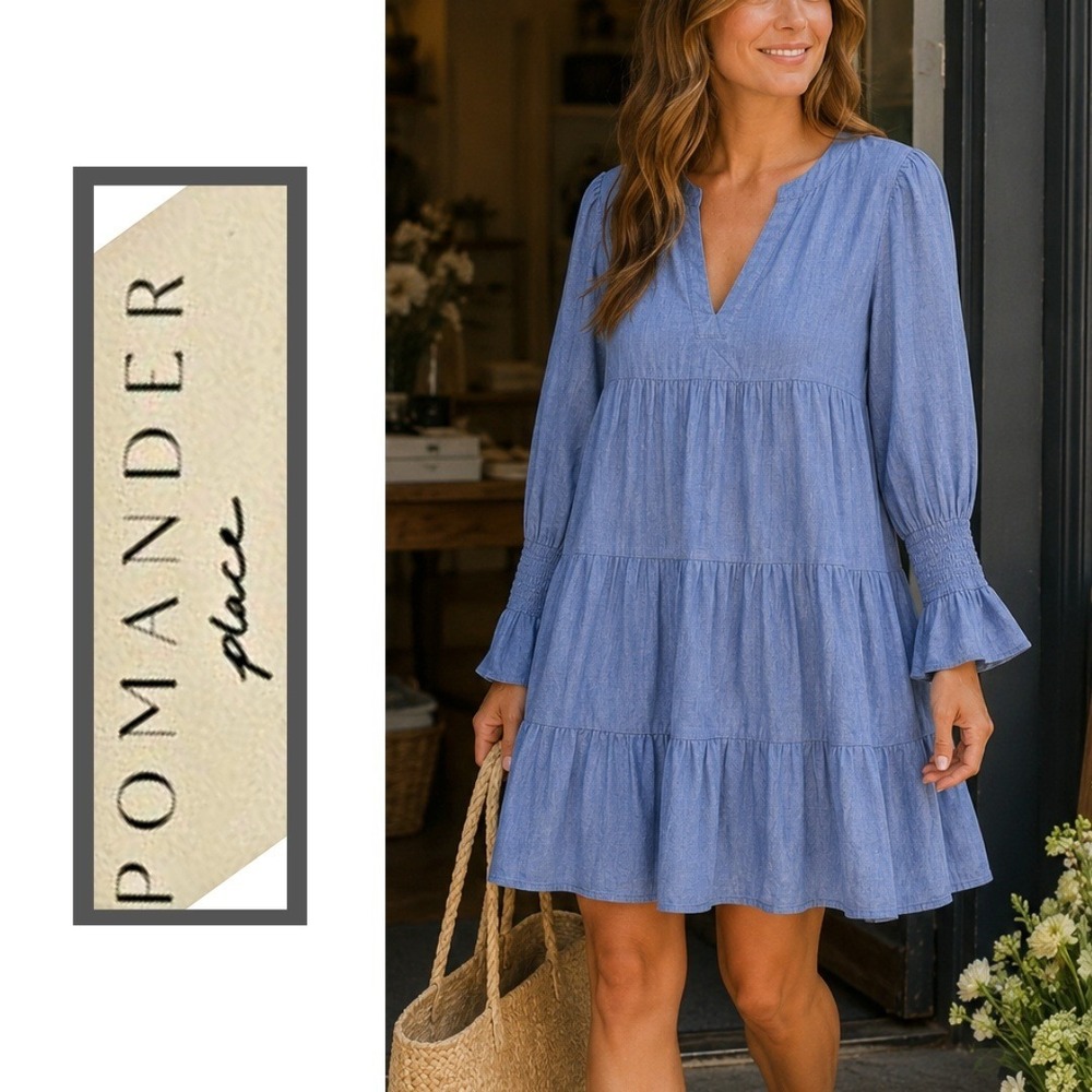 Pomander Place, Blue Chambray 100% Cotton Tiered Long Sleeve Dress Size XL‎